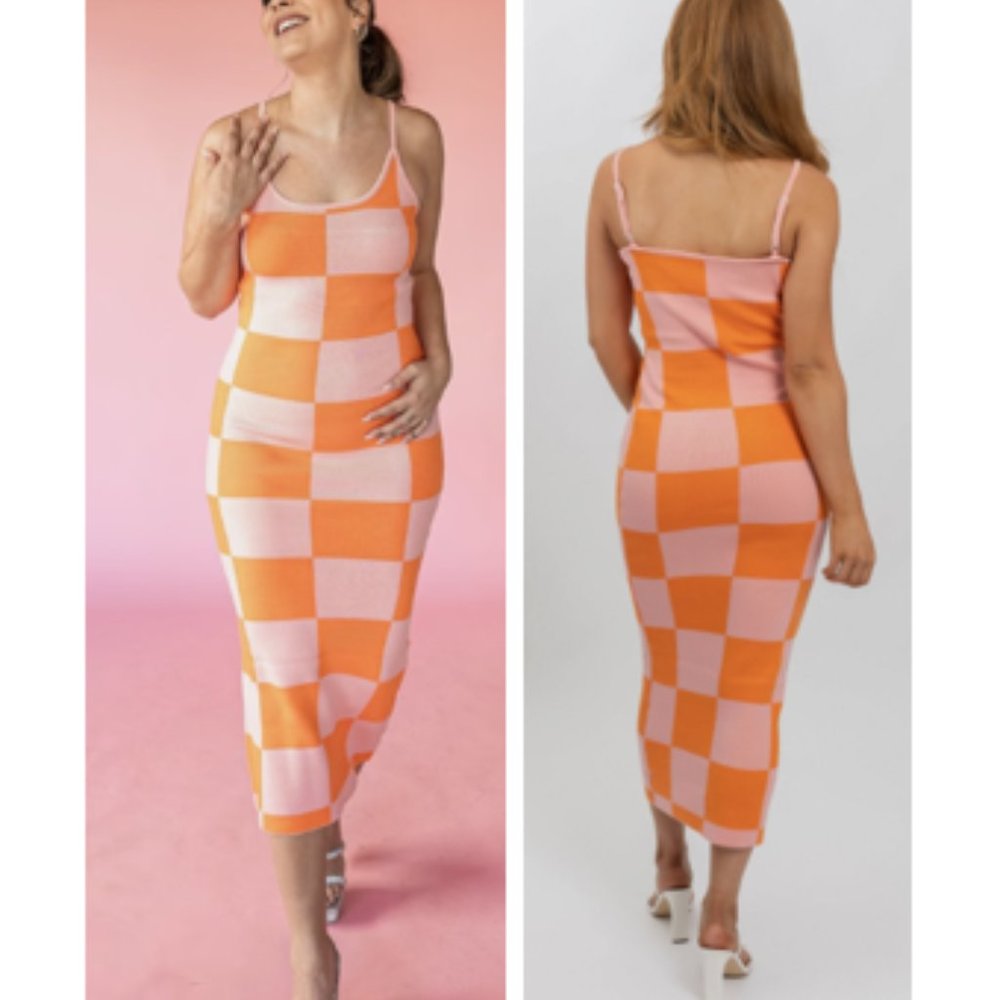 Pink & Orange Checkered Maxi Dress